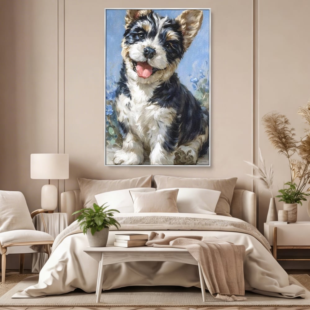 Tablou canvas cu tablou canvas cu catelus pufos, in rama de aluminiu argintiu, pe perete intr-un dormitor
